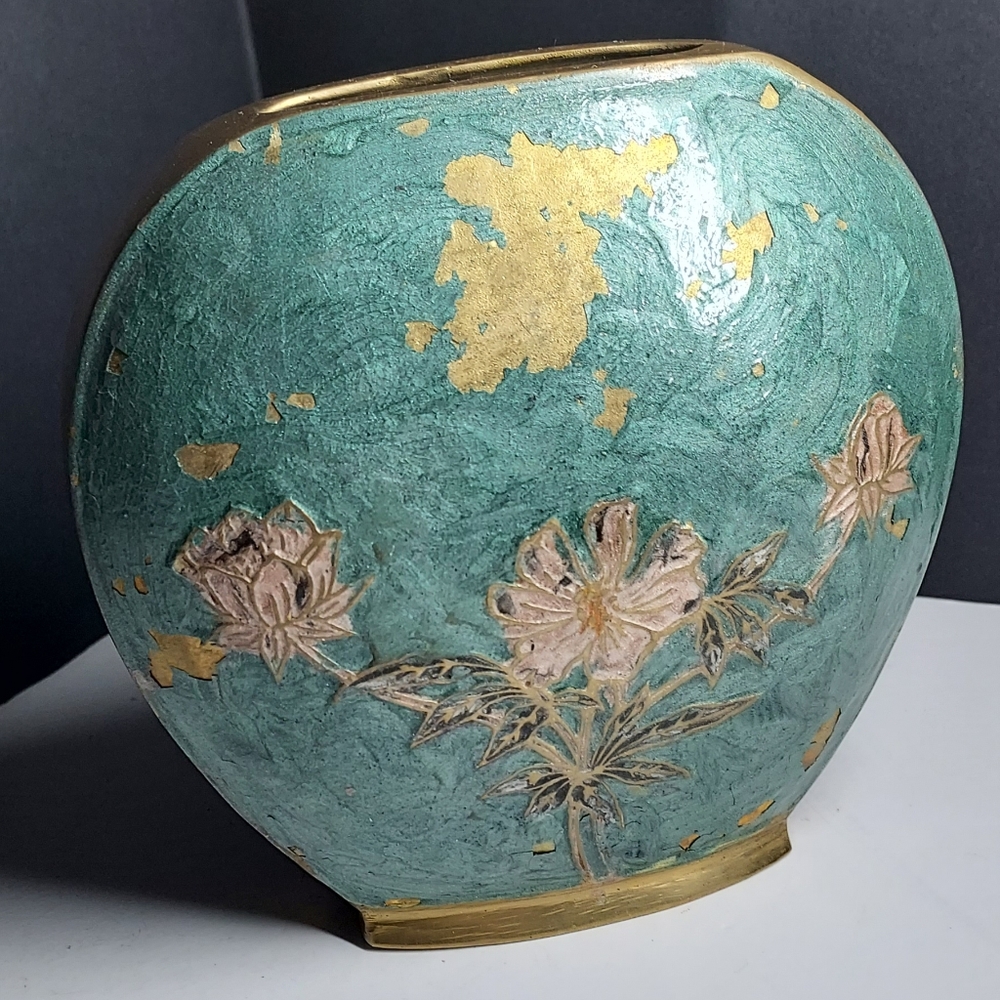 VTG Solid Brass Vase w/Painted Emamel Pink Flowers, made in India